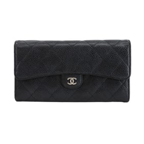 CHANEL Matelasse Bifold Long Wallet in Black Caviar Leather with Silver Hardware (A80758)
