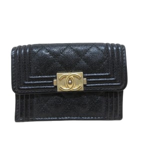 CHANEL Boy Chanel Caviar Skin Small Wallet Compact Tri-fold Black Women's