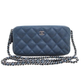 CHANEL Matelasse Caviar Leather Chain Wallet Shoulder Bag Long Navy Women's