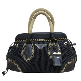 PRADA Prada Raffia Straw Leather Handbag/Shoulder Bag in Black and Beige for Women