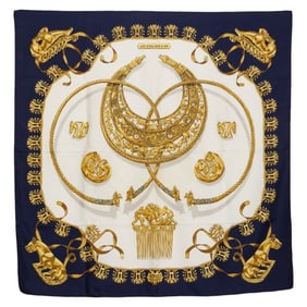 Hermes Hermès Carré 90 "Les Cavaliers D'Or" Golden Knights Scarf, Navy Blue and Multicolor Silk,