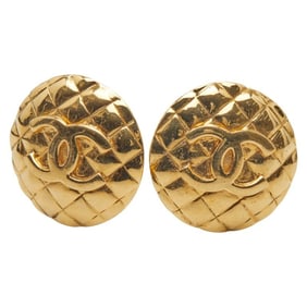 CHANEL Coco Mark Matelasse Round Earrings, Gold Plated, Women's