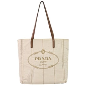 PRADA MISTOLINO VITELLO Small Linen Blend Leather Tote Bag 1BG347 Off-White Brown Women's