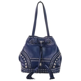 PRADA Prada Soft Calf Leather Studded Tassel Drawstring Tote Bag, One-Shoulder B5061M, Blue, Women's