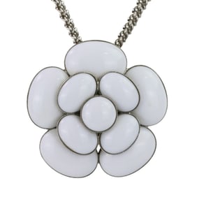 98C CHANEL Camellia Coco Mark Necklace with White Stone and Silver Hardware for Women