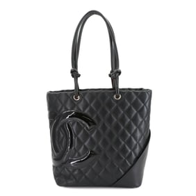 CHANEL Cambon Line Medium Tote Bag in Black Enamel Calfskin with Silver Hardware (A25167)