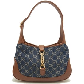 GUCCI Jackie 1961 Shoulder Bag (636706) in Denim and Leather, Blue Brown, Women's, 253441