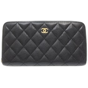 CHANEL Matelasse Classic Long Zip Wallet in Caviar Leather, Black, Women's, 181857