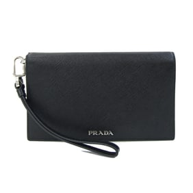Prada Smartphone Case 2ZH074 Black Leather Long Wallet Bag with Saffiano Strap for Men and Women