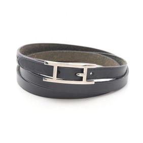 Hermes Hermès Api 3 Long Bracelet, Leather and Stainless Steel, Women's, Black Silver