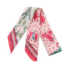 Hermes Hermès Les Nouveaux Amoureux de Paris Twilly Silk Scarf for Women, Pink Multicolor, 063329S