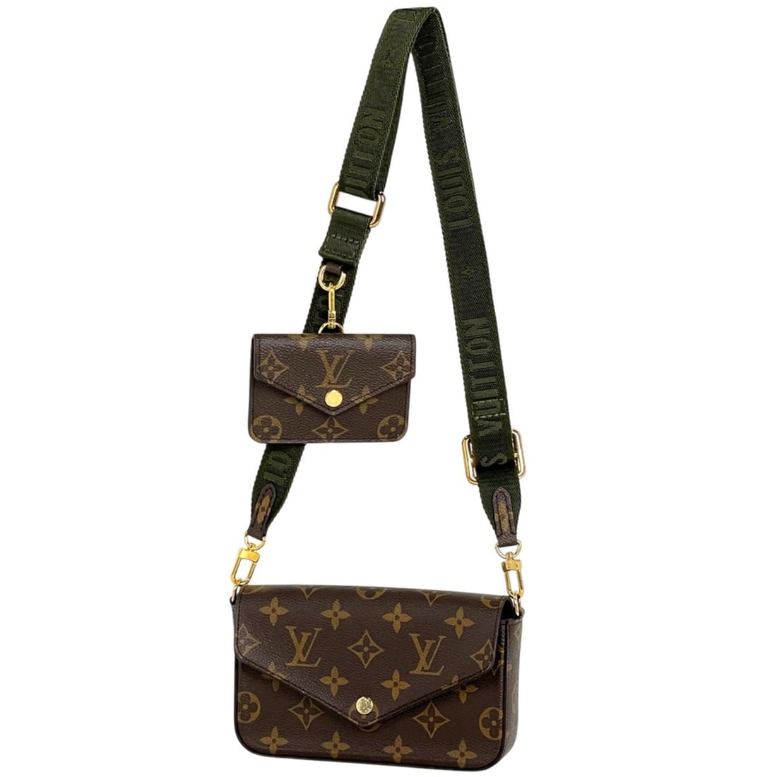 Louis Vuitton Multi Pochette Felicie Crossbody Pouch Khaki Shoulder Bag Monogram Brown Green M80091: --- Catalog ---Category: SizeSize (HxWxD): 10cm x 17cm x 3.5cm / 3.93'' x 6.69'' x 1.37''Category: DesignType: Pochette, Shoulder bagColor: Brown, GreenGender: WomenMaterial: Monogram Category: Genera