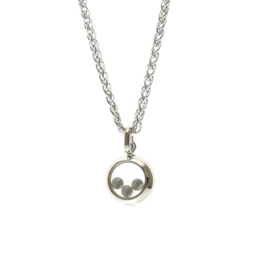 Chopard Happy Diamonds Necklace WG 793957 Product Condition Rank A Weight 11.8g: --- Catalog ---Category: SizeWeight: 11.8g / 0.41oz.Pendant Size: 17.7mm x 11.5mm / 0.69'' x 0.45''Neck Circumference: 42 cm / 16.53''Category: DesignColor: SilverMetal: White GoldStone: DiamondStyle: