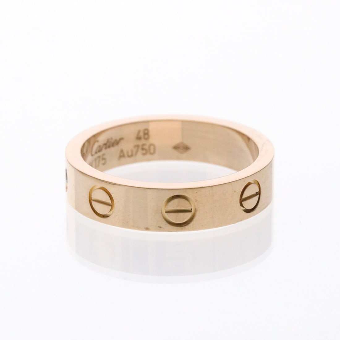 Cartier Mini Love Ring 1P Diamond Pink Gold (18K) Fashion Diamond Band Ring Pink Gold: --- Catalog ---Category: SizeWidth: 4mm / 0.16''Weight: 4.4g / 0.15oz.JP Size: 8US Size: 4 1/2Brand Size: 48Category: DesignType: Band ringColor: Pink goldMetal: GoldStone: DiamondStyle: FashionGender