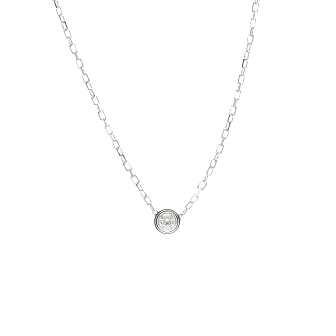 Cartier D'Amour Diamond Necklace SM B7215900 White Gold (18K) Diamond Men,Women Fashion Pendant: --- Catalog ---Category: SizeWeight: 2.9g / 0.1oz.Pendant Size: 4.4mm x 4.4mm / 0.17'' x 0.17''Neck Circumference: 38 cm - 41 cm / 14.96'' - 16.14''Category: DesignColor: SilverMetal: White GoldStone: