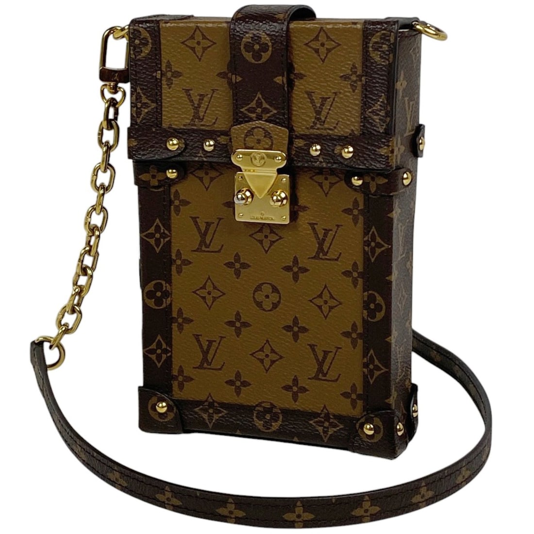 Louis Vuitton Pochette Trunk Vertical Shoulder Bag Monogram Reverse Brown M67873 Women's: --- Catalog ---Category: SizeSize (HxWxD): 18cm x 11cm x 4cm / 7.08'' x 4.33'' x 1.57''Category: DesignType: Shoulder bagColor: BrownGender: WomenMaterial: Monogram Reverse Category: GeneralLine: Mono