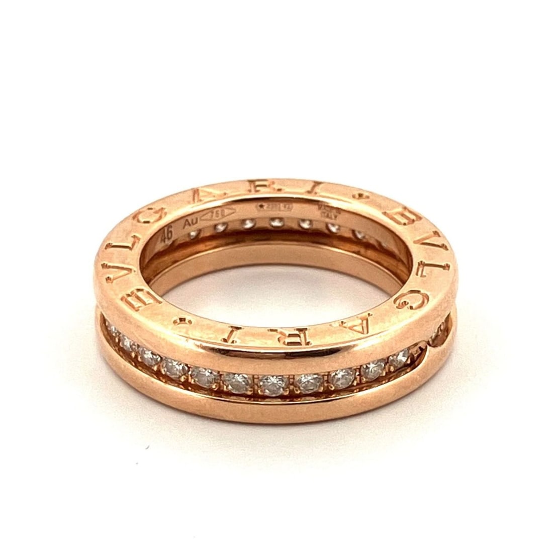BVLGARI B-zero1 750 XS #46 Diamond Ring, 18K Gold, 1 Band, Full Eternity: --- Catalog ---Category: SizeUS Size: 3.5Brand Size: 46Category: DesignType: Band ringGender: WomenMaterial: Pink gold (18K)Category: GeneralBrand: Bvlgari--- Item List ---Section: ConditionRanking: R