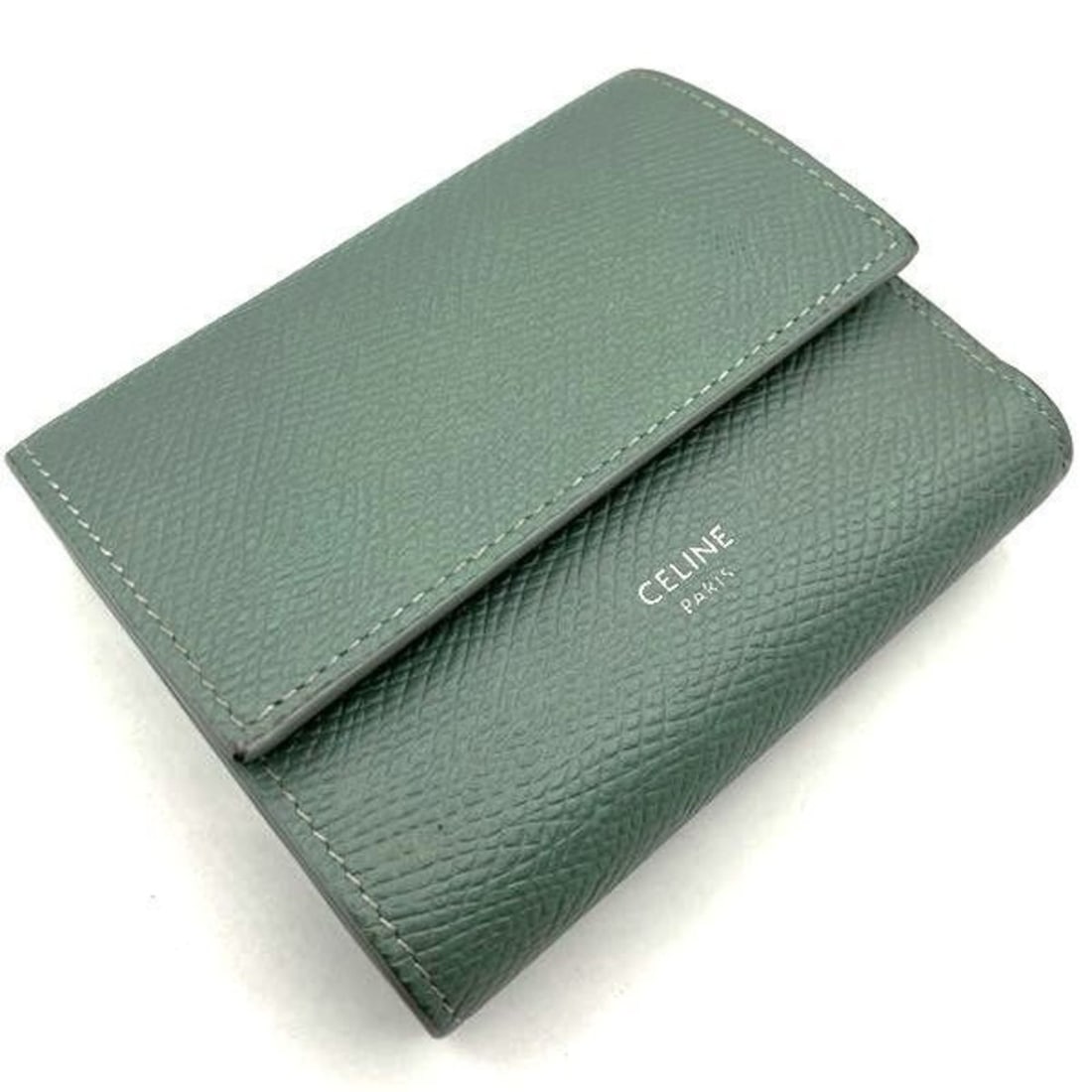 CELINE Small Trifold Wallet in Gray and Green: --- Catalog ---Category: SizeSize (HxWxD): 9cm x 10.5cm x 3cm / 3.54'' x 4.13'' x 1.18''Category: DesignType: Wallet (tri-fold)Color: Gray, GreenGender: WomenMaterial: Leather Category: GeneralBrand: