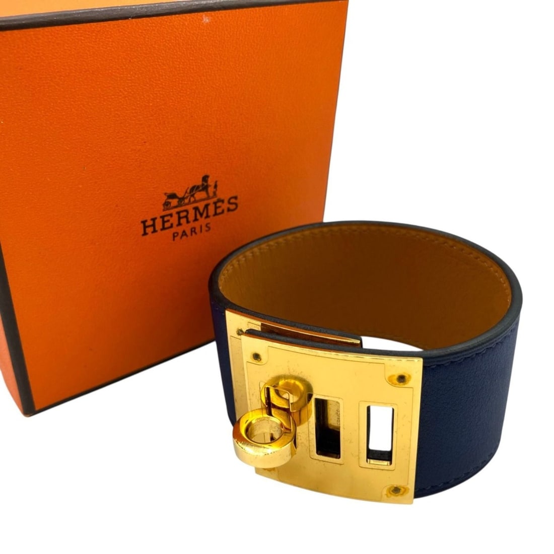 HERMES Kelly Dog Bracelet Swift, Gold Hardware, Navy Blue, R Stamped, Bangle (1 of 13)