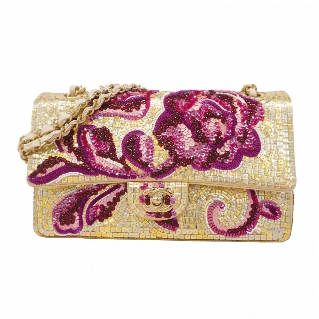 Chanel Shoulder Bag with Double Flap and Chain, Sequins, Gold, Pink, Champagne (1 of 12)