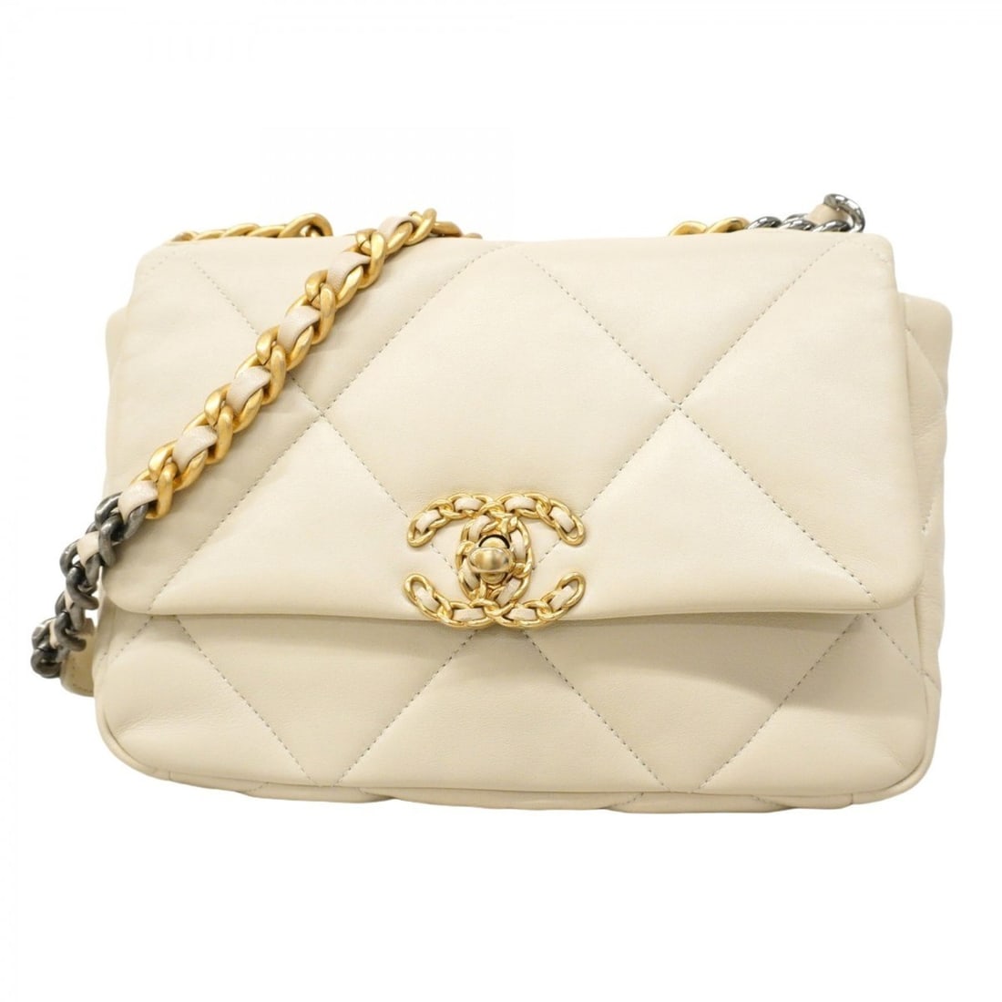 Chanel 19 handbag with chain shoulder strap, lambskin, ivory and gold, from Yamaguchi Izutsuya, (1 of 13)