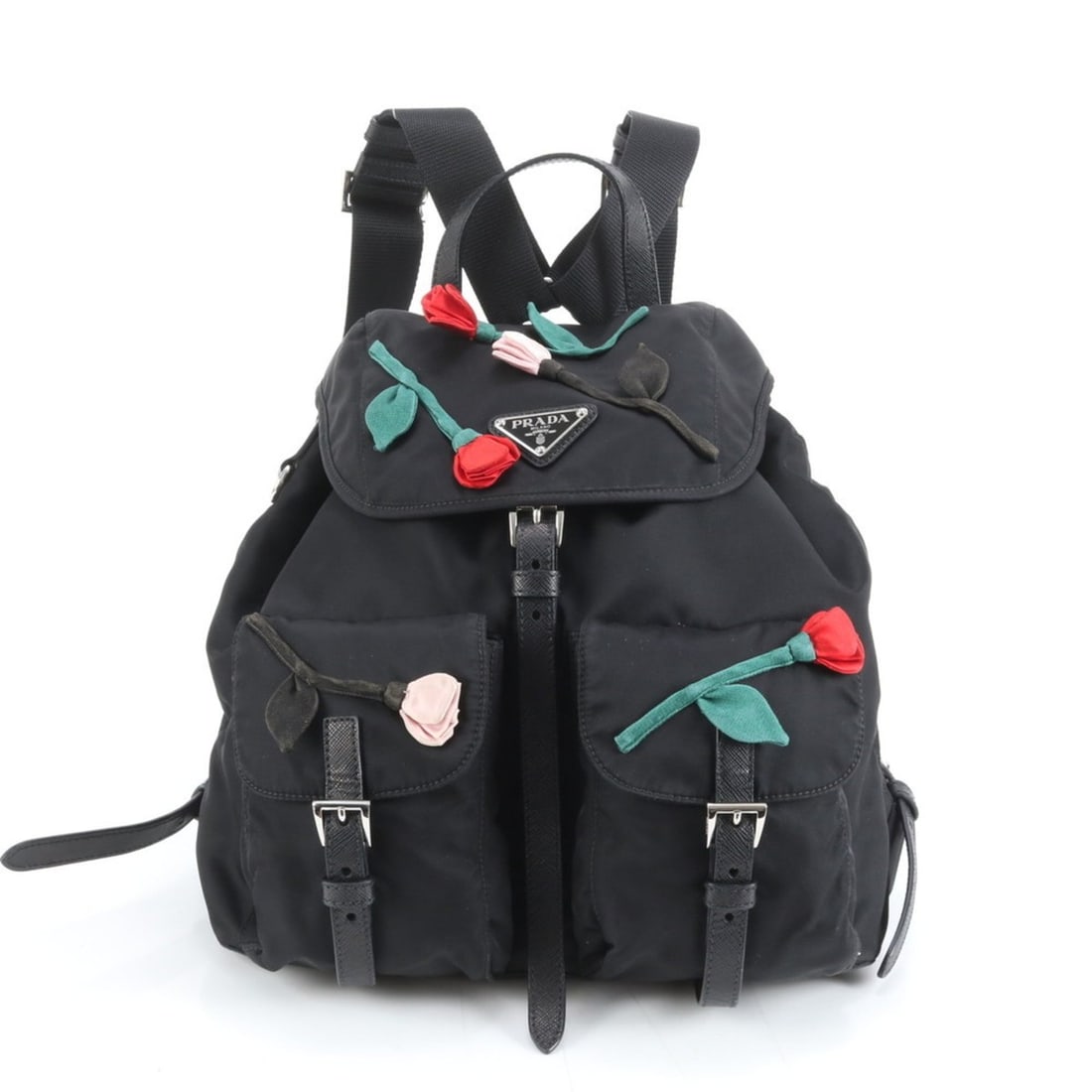 Prada Tessuto Nylon Flower Appliqué Rose Leather Backpack for Women: --- Catalog ---Category: SizeSize (HxWxD): 25cm x 27cm x 13.5cm / 9.84'' x 10.62'' x 5.31''Category: DesignType: BackpackColor: BlackGender: WomenMaterial: Leather , Nylon Category: GeneralBrand: Prad