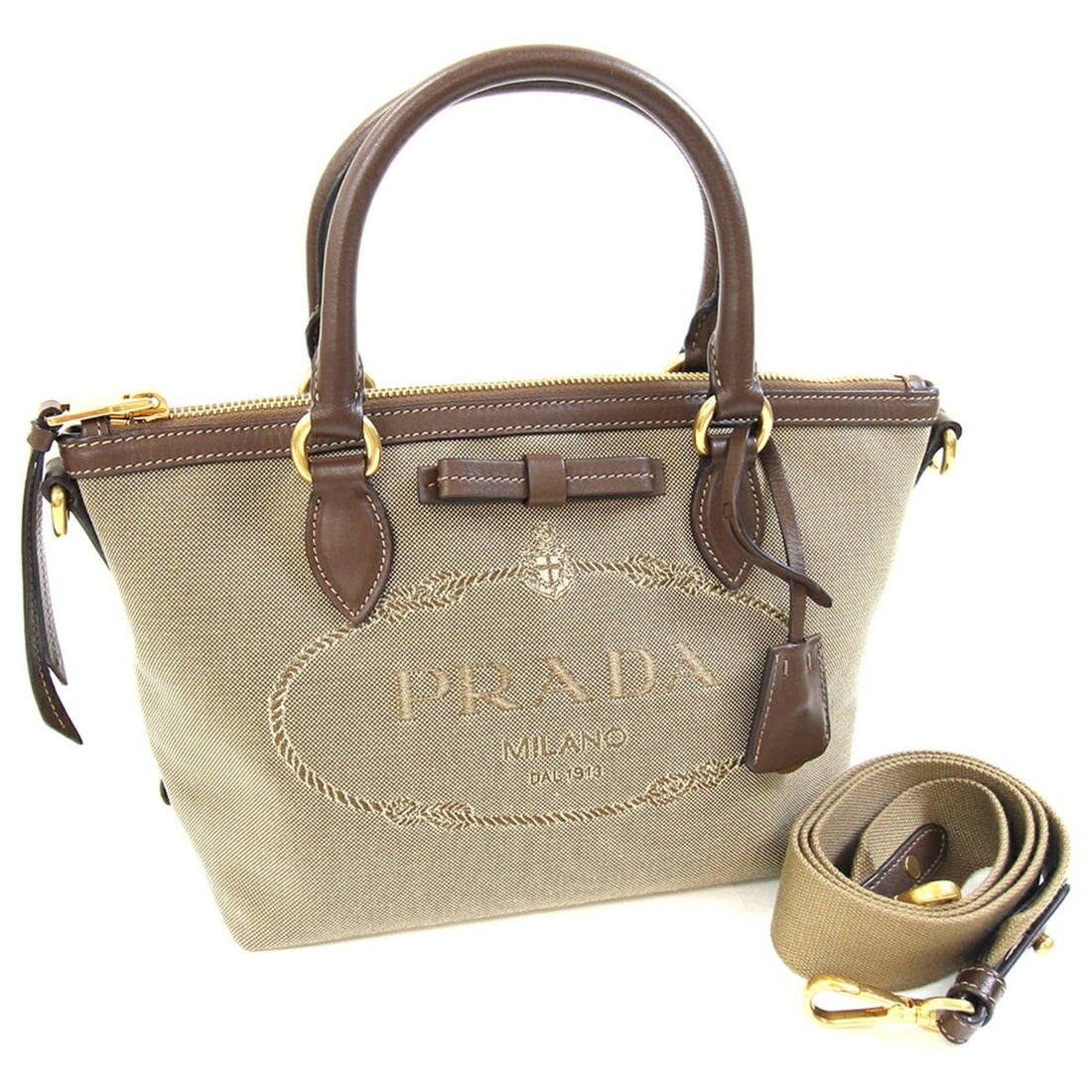 Prada Handbag 1BA111 Beige Brown Canvas Leather Shoulder Ribbon Women's PRADA (1 of 12)