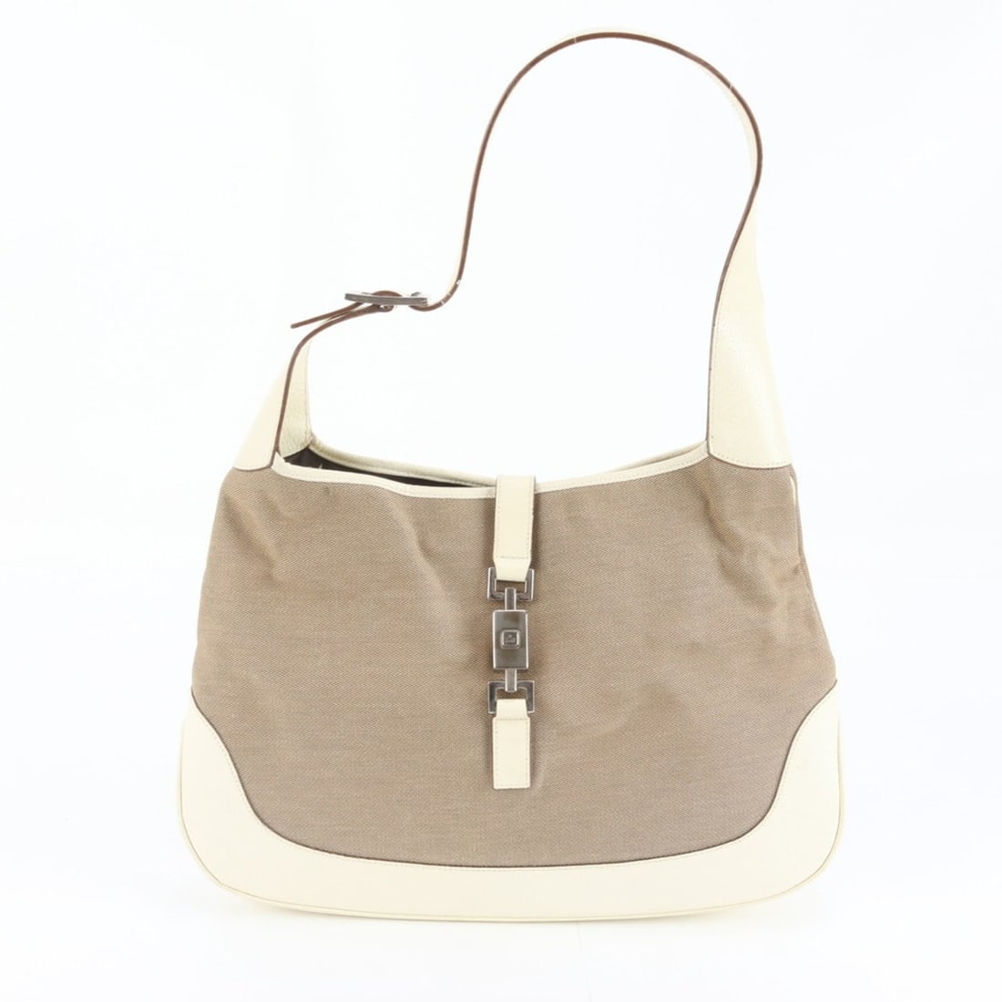 Gucci Jackie 001 3346 Leather Shoulder Bag/One-Shoulder Tote with Silver Hardware, Handbag for Women: --- Catalog ---Category: SizeSize (HxWxD): 26cm x 36cm x 5cm / 10.23'' x 14.17'' x 1.96''Category: DesignType: Shoulder bagColor: BeigeGender: WomenMaterial: Leather , Canvas Category: GeneralMPN: 001