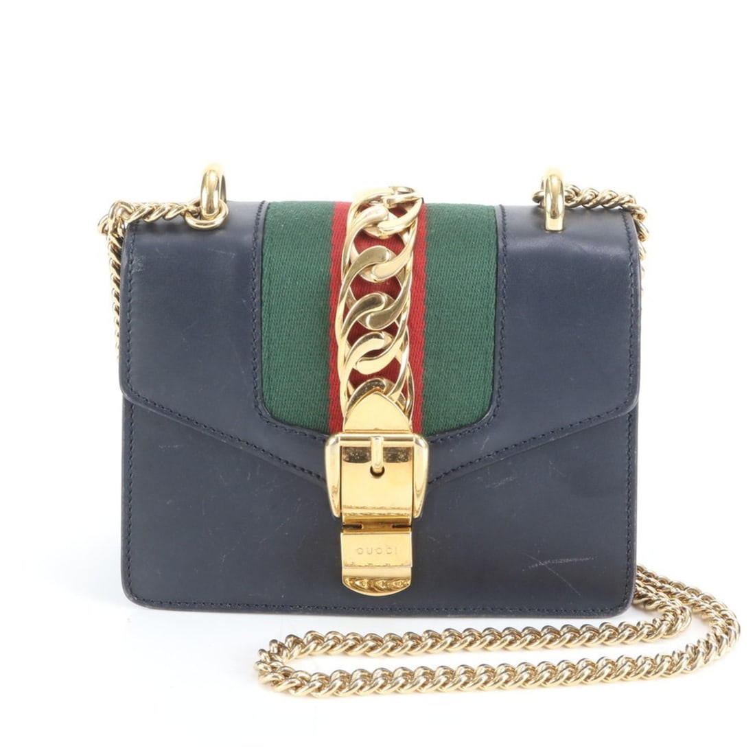Gucci Sylvie 431666 Leather Gold Chain Shoulder Bag Crossbody Navy Women's (1 of 13)