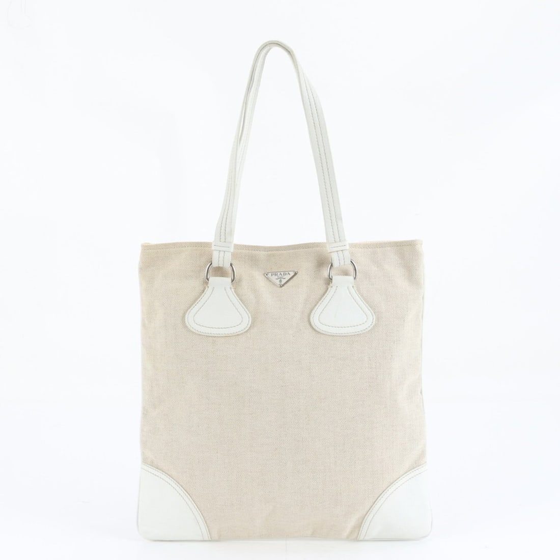 Prada Triangle Logo Leather Canvas Tote Bag Shoulder Handbag Natural Color Women's (1 of 11)