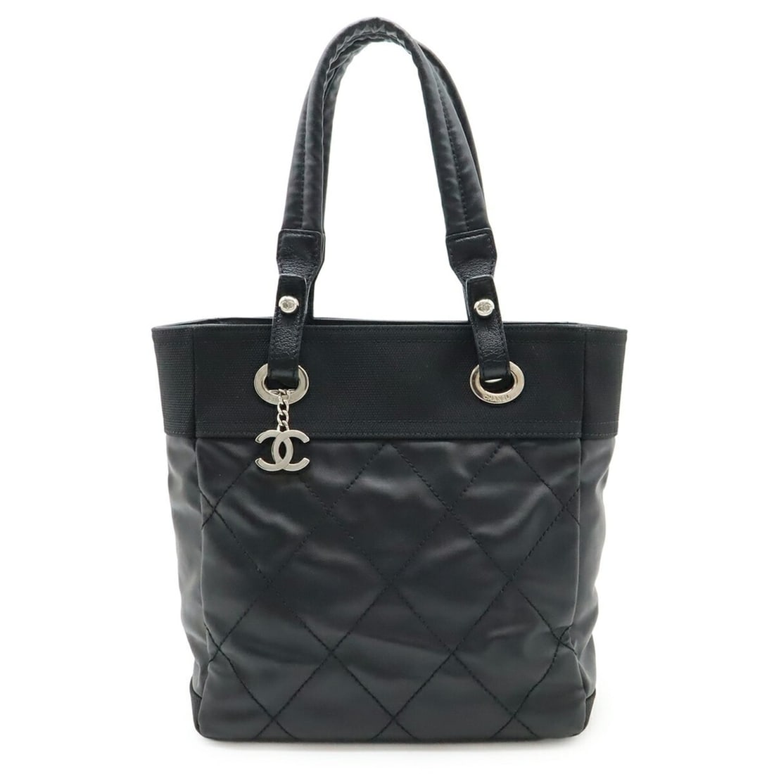 CHANEL Paris Biarritz Tote PM Bag Shoulder Coated Canvas Leather Black A34208: --- Catalog ---Category: SizeWeight: 670g / 1.47lb.Size (HxWxD): 27cm x 25.5cm x 11cm / 10.62'' x 10.03'' x 4.33''Category: DesignType: Shoulder bag, Tote bagColor: BlackGender: WomenMaterial: Coated