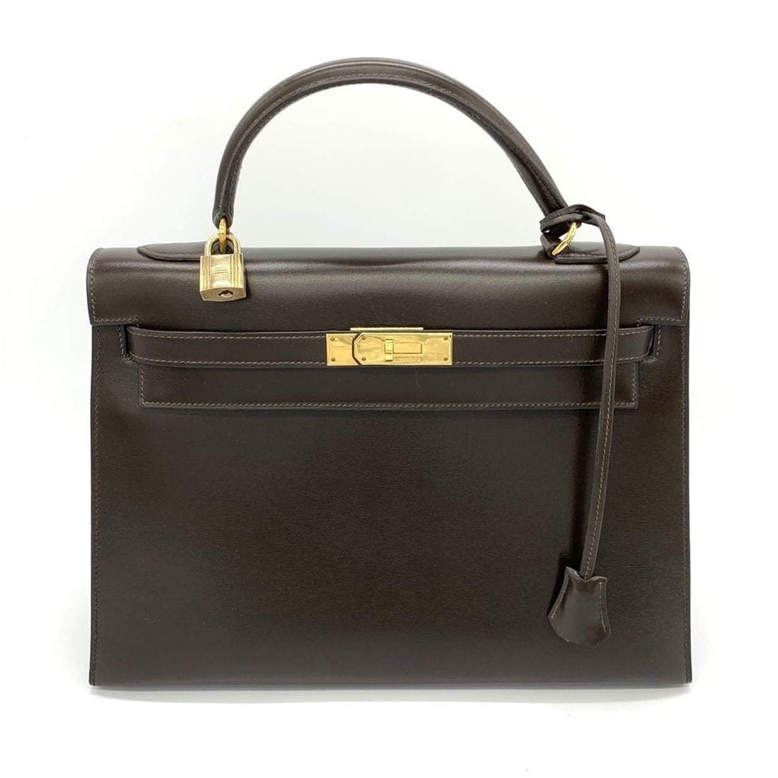 HERMES Kelly 32 Handbag, Box Calf Leather, Brown, Women's, with Outside Stitching (1 of 14)