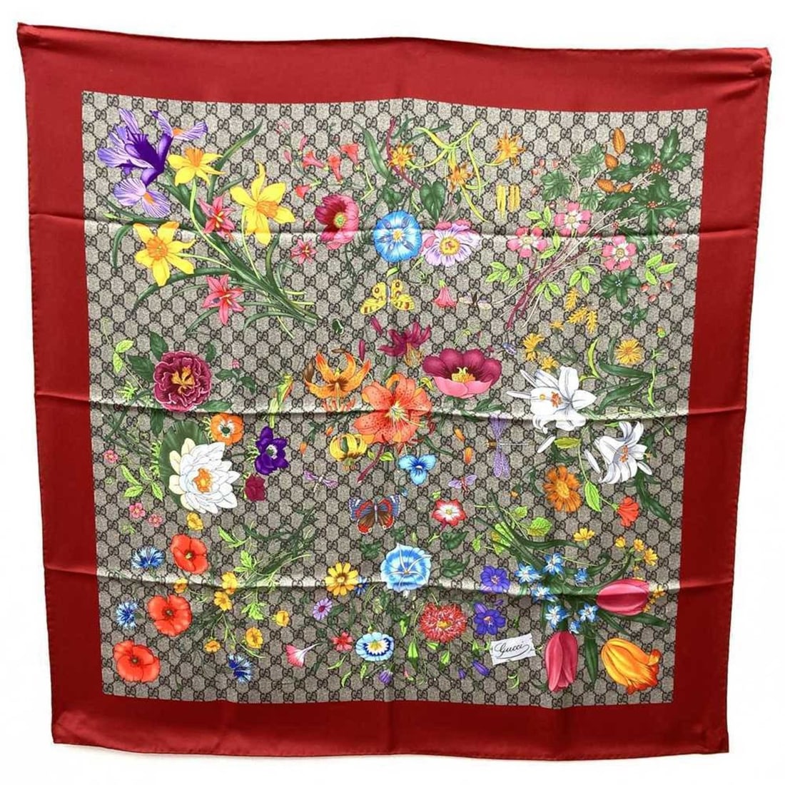 GUCCI GG Flora Flower Scarf, Silk, Red, Women's (1 of 11)