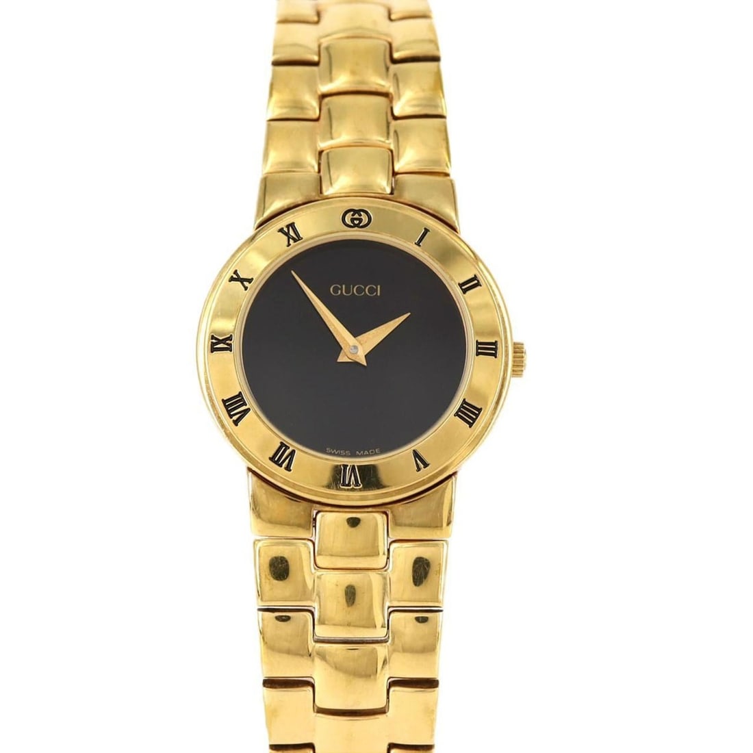 Gucci 3300.2.L GP Quartz Watch: --- Catalog ---Category: SizeWrist Size: 18cm / 7.08''Case Diameter: 25.5mm / 1''Category: DesignType: WristwatchGender: WomenColor (Dial): BlackMaterial (Band): Gold platedMaterial (Case): Gold plate