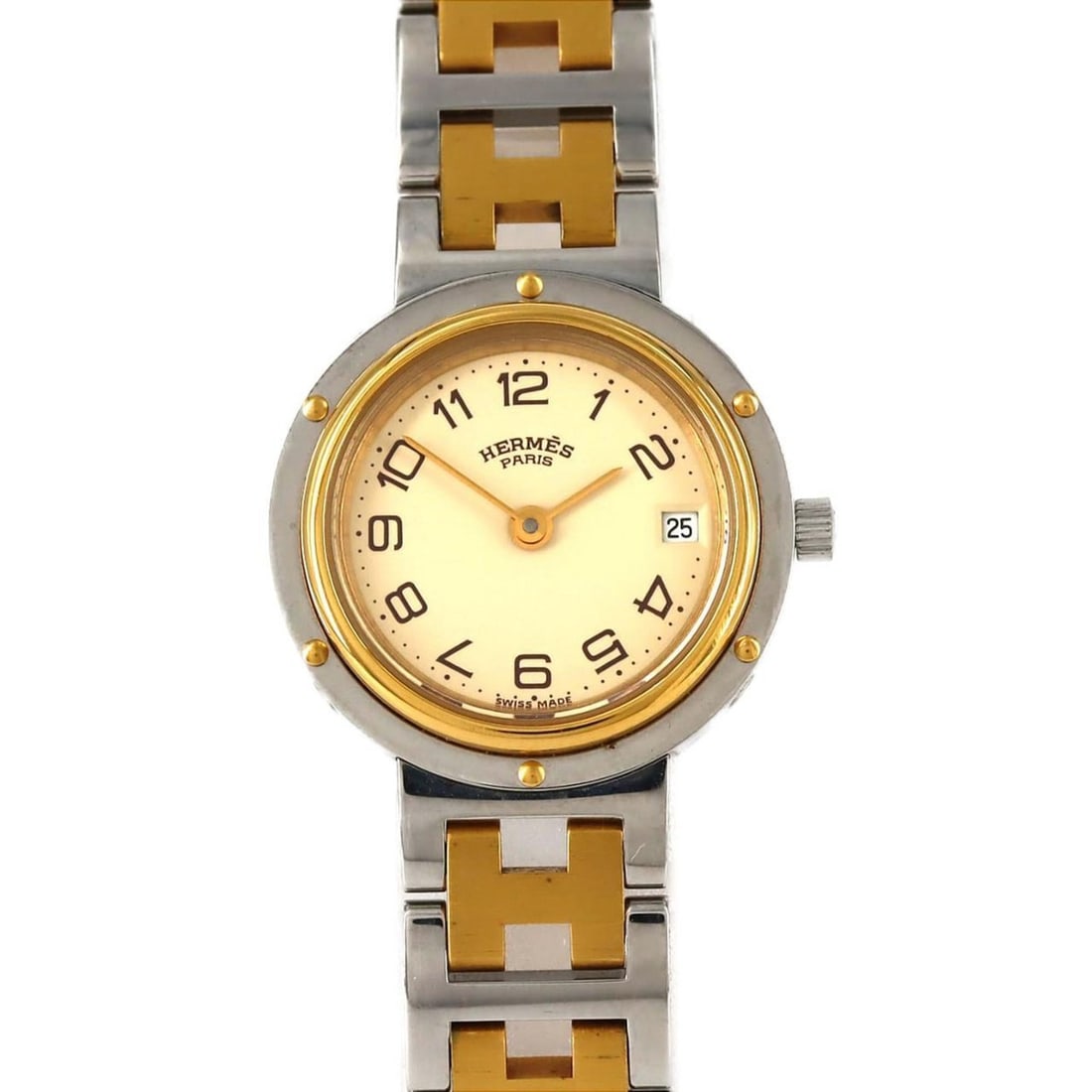 Hermès Clipper Two-tone SSxYG Quartz Watch: --- Catalog ---Category: SizeWrist Size: 17.5cm / 6.88''Case Diameter: 24mm / 0.94''Category: DesignType: WristwatchGender: WomenColor (Dial): IvoryMaterial (Band): Stainless steelMaterial (Case): Sta