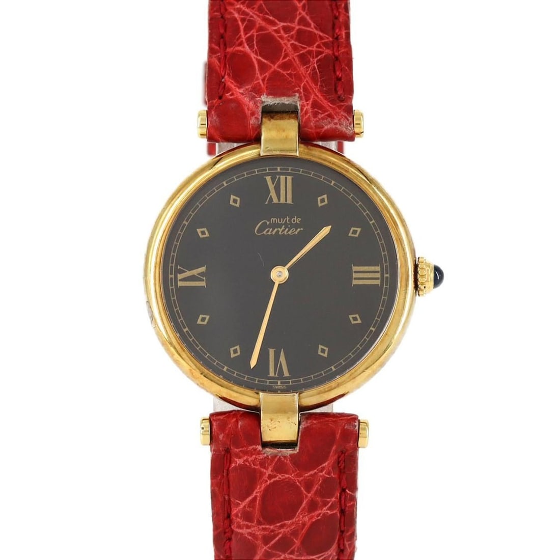 Cartier Must VLC LM GP W1001054 Quartz Watch: --- Catalog ---Category: SizeCase Diameter: 30mm / 1.18''Category: DesignType: WristwatchGender: MenColor (Dial): BlackMaterial (Case): Gold platedCategory: GeneralMPN: W1001054Brand: CartierCategory:
