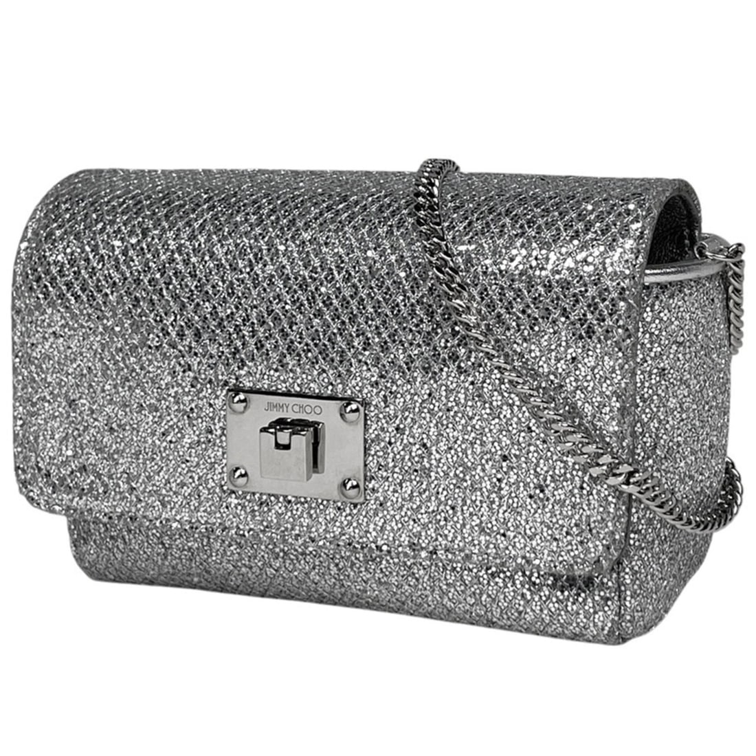 JIMMY CHOO Logo Shoulder Bag, 2-Way Pouch, Glitter Leather Silver, Women's (1 of 13)
