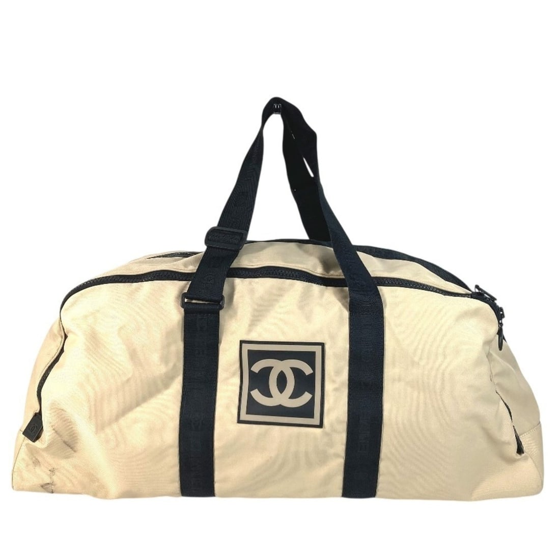 CHANEL CC Coco Mark Logo Two-Tone Shoulder Bag, Travel Boston Nylon Canvas, Men's/Women's, Beige: --- Catalog ---Category: SizeSize (HxWxD): 27.5cm x 65cm x 27.5cm / 10.82'' x 25.59'' x 10.82''Category: DesignType: Boston bag, Shoulder bagColor: Beige, BlackGender: Men,WomenMaterial: Nylon canvas