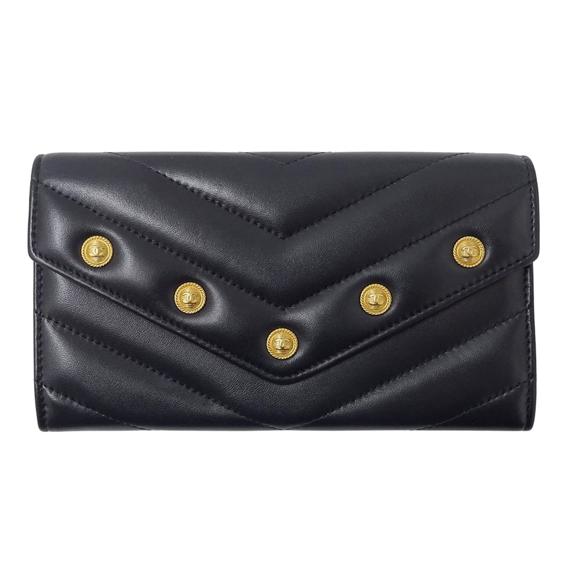 Chanel Coco Button V-Stitch Women's Long Wallet in Black Lambskin with Gold Hardware: --- Catalog ---Category: SizeSize (HxWxD): 11cm x 19cm x 3cm / 4.33'' x 7.48'' x 1.18''Category: DesignType: Long wallet (bi-fold)Color: BlackGender: WomenMaterial: Leather Leather/Fur Type: LambskinC