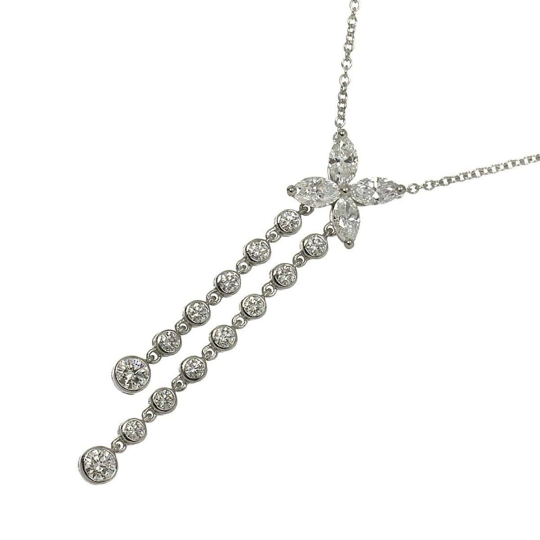 Tiffany & Co. Victoria Double Drop Diamond Necklace, 40cm, Platinum, Flower Necklace: --- Catalog ---Category: SizePendant Size: 41.2mm x 8.5mm / 1.62'' x 0.33''Neck Circumference: 40 cm / 15.74''Category: DesignGender: WomenMaterial: Platinum 950Necklace Type: NecklaceCategory: Genera