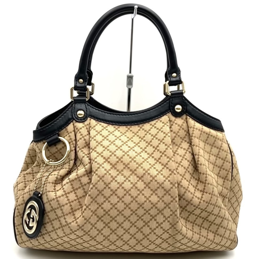 GUCCI 211944 Diamante Tote Bag, Canvas, Leather, Beige, Black, Women's (1 of 11)