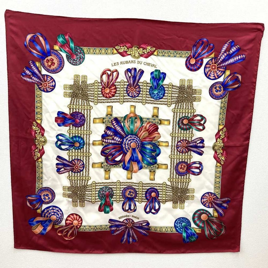 HERMES Carré 90 "Les Rubans du Cheval" Horse Ribbon Scarf, Silk, Bordeaux, Women's (1 of 10)