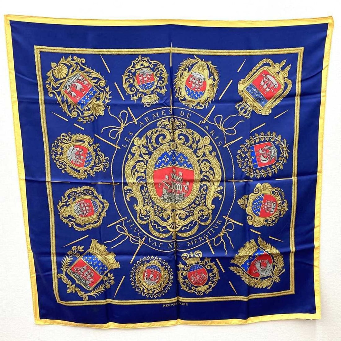 HERMES Carré 90 "Les Armes de Paris" Paris Coat of Arms Scarf, Silk, Navy, Women's (1 of 7)