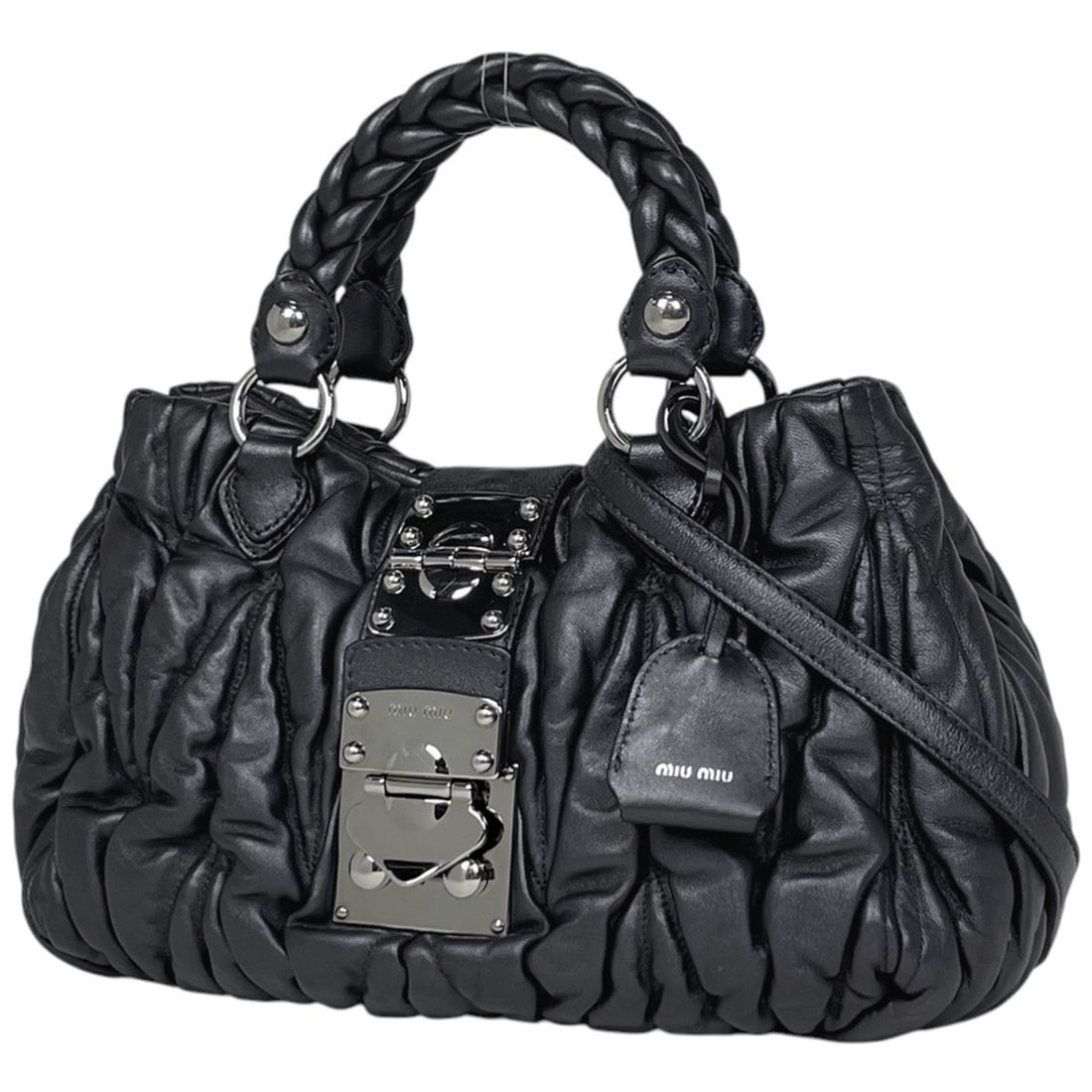 Miu Miu Miu Matelasse Handbag, 2-Way Shoulder Bag, Gathered Leather, Black, RN0473, Women's (1 of 14)