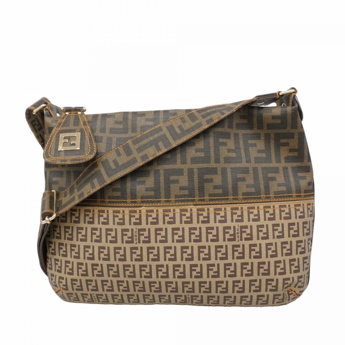 Fendi Zucca Zucchino Shoulder Bag in Brown and Champagne for Women: --- Catalog ---Category: SizeSize (HxWxD): 26cm x 33cm x 3.5cm / 10.23'' x 12.99'' x 1.37''Category: DesignType: Shoulder bagColor: BrownGender: WomenMaterial: PVC Hardware Color: Champagne goldCatego