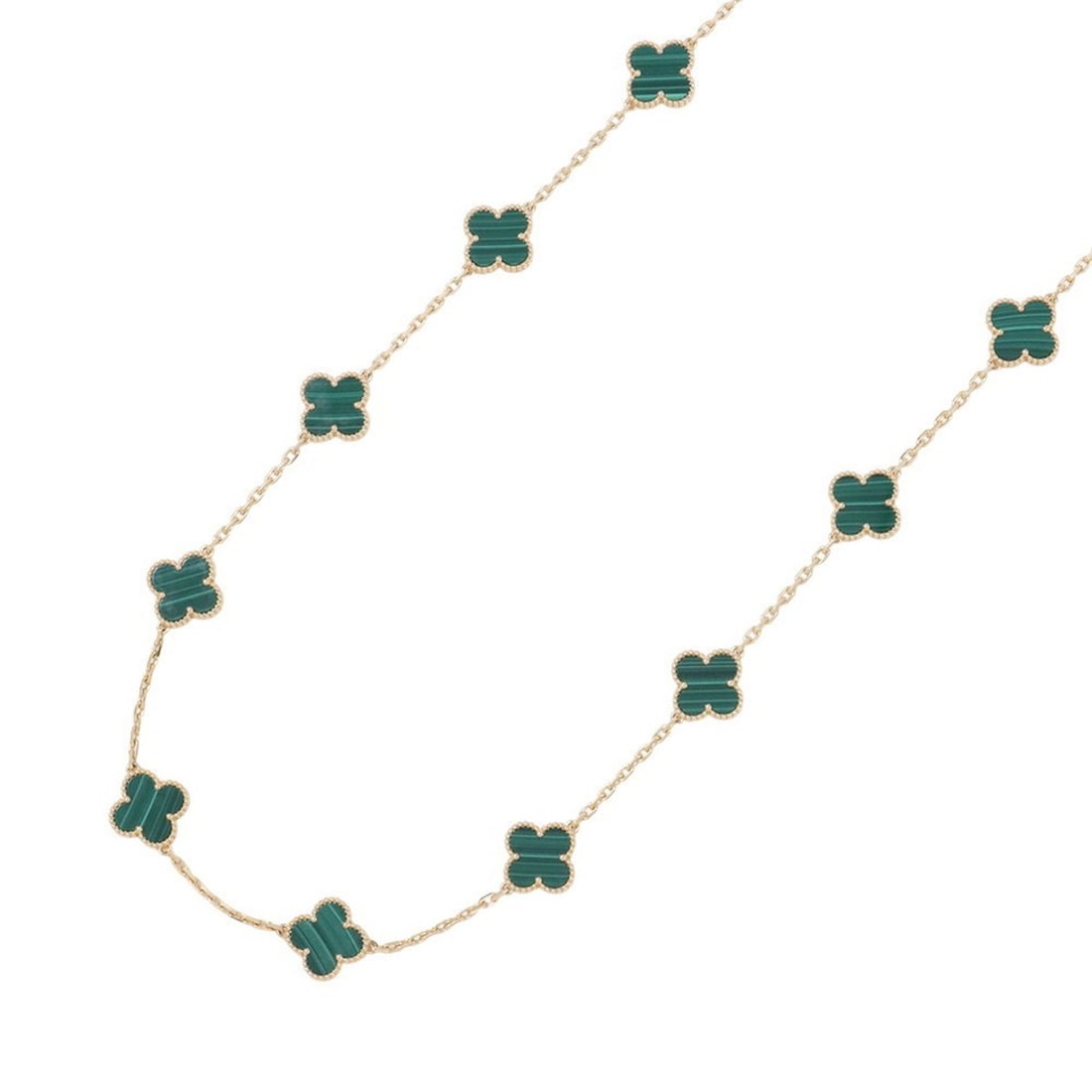 Van Cleef & Arpels Alhambra Long Necklace, 20 Motifs, Malachite, 18K Yellow Gold, VCARL88100: --- Catalog ---Category: SizeWeight: 51.3g / 1.8oz.Pendant Size: 14.9mm x 14.9mm / 0.58'' x 0.58''Neck Circumference: 86 cm / 33.85''Category: DesignColor: YellowMetal: GoldStone: MalachiteGender: Wom