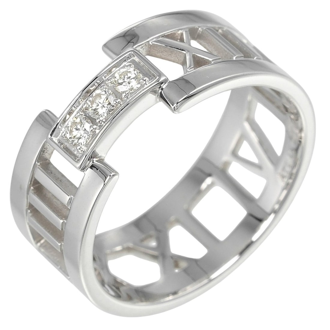 Tiffany & Co. Open Atlas Ring, size 17, 18K white gold with three diamonds, approximately 6.55g.: --- Catalog ---Category: SizeJP Size: 17US Size: 8.5Category: DesignType: Band ringColor: White goldStone: DiamondGender: WomenMaterial: White gold (18K)Category: GeneralBrand: Tiffany--- Item List --