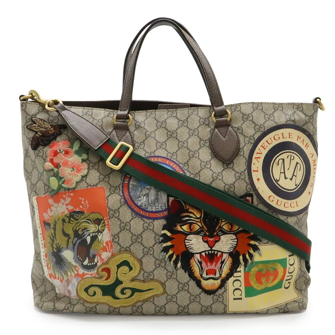 GUCCI Soft GG Supreme Courier Tote/Shoulder Bag in Leather with Appliqués Beige, Brown, and: --- Catalog ---Category: SizeSize (HxWxD): 30cm x 42cm x 16cm / 11.81'' x 16.53'' x 6.29''Category: DesignType: Shoulder bag, Tote bagColor: Beige, Beige brown, Brown, Multi-colorGender: Men,WomenMate