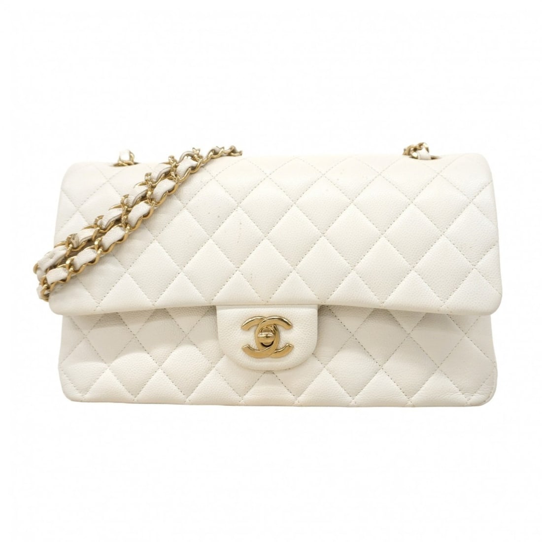 Chanel Matelasse Shoulder Bag with Double Flap and Chain, Caviar Skin, White, Champagne, Women's (1 of 15)