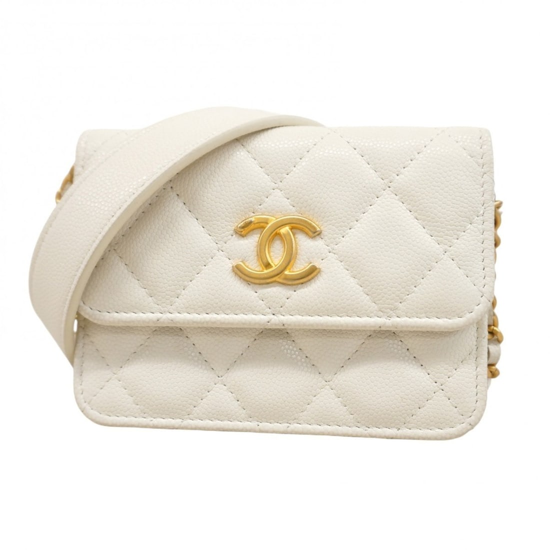 Chanel Matelasse Shoulder Bag with Chain Bag, Caviar Skin, White, Women's (1 of 12)